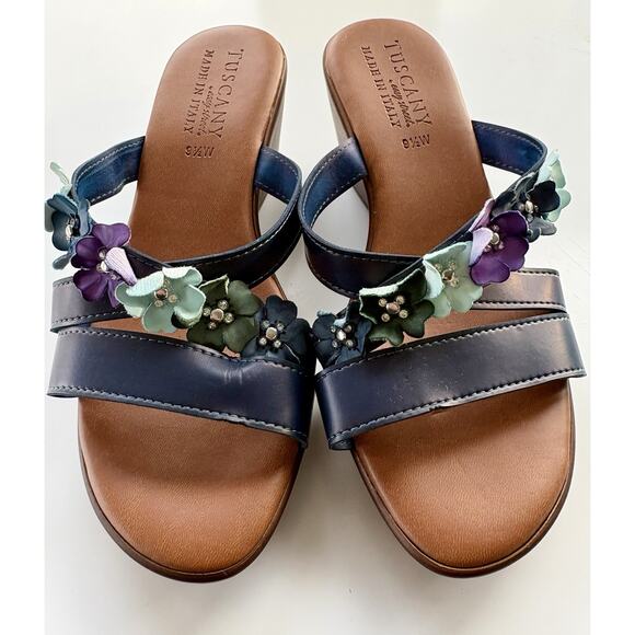 Tuscany Sandals 9.5W Floral Strappy Wedge Easy Street Blue Made in Italy Wide - Picture 3 of 6